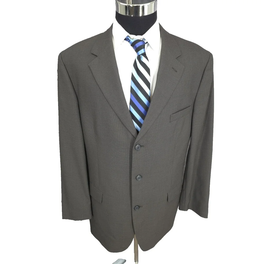 Andrew Fezza Blazer Mens 46L Brown Worsted Wool Houndstooth 3 Button Sports Coat